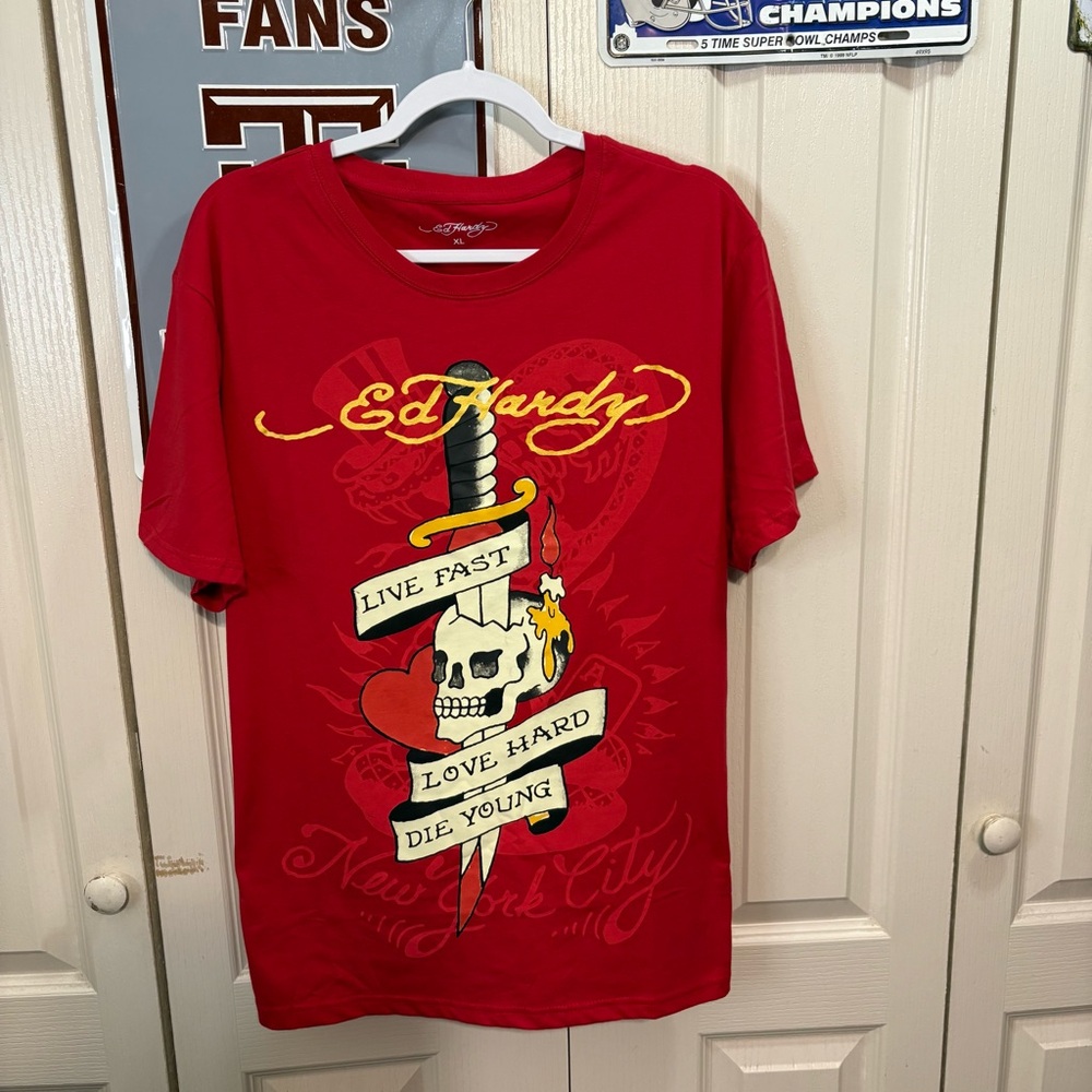 Ed Hardy Red Short Sleeve Tee with Skull and Dagger Graphic